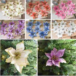 Decorative Flowers 24pcs 13cm Christmas Glitter Poinsettia Flower Ornament Xmas Tree Picks DIY Wreath Silver On The