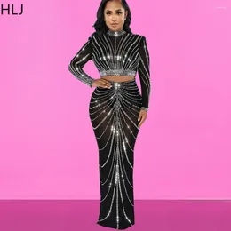 Work Dresses HLJ Fashion Mesh Rhinestone Skirts Two Piece Sets Women O Neck Long Sleeve Crop Top And Outfits Lady Party Club Clothing