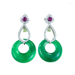 Stud Earrings S925 Silver Set With 20mm Green Chalcedony Rich Woman Style Luxury Classic And Jewellery