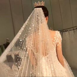 Gorgeous Designer Wedding Veils 3.5M Long Cathedral Length One Layer Beads Tulle Bridal Veil For Women Hair Accessorie191B V413004