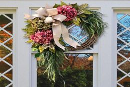 Farmhouse Pink Hydrangea Wreath Rustic Home Decor Artificial Garland for Front Door Wall Decor Q08128422730