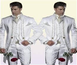 Custom Made Embroidery 3 Piece Groom Tuxedos Long White Men Wedding Suit Bridgroom Men Dinner Prom WearJacketPantsVest2594663