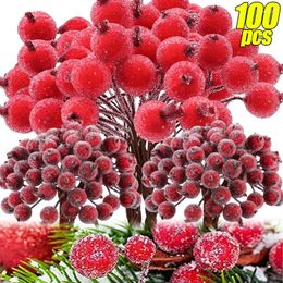 Decorative Flowers Mini Artificial Holly Berries Frosted Double Head Fake Red Berry Stamen DIY Xmas Tree Wreath Decoration Home Party Table