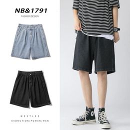 2024 Summer Mens Baggy Straight Denim Shorts Korean Style Fashion Casual Loose Short Jeans Male Light Blue Black 240408