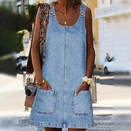 Casual Dresses Women's Loose Denim Skirt Summer Sexy Cool With Pockets Strap Dress Female Vintage Wash Blue Jean 2024
