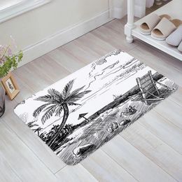 Carpets Beach Coconut Tree Chair Boat Sketch Black And White Kitchen Doormat Bedroom Bath Floor Carpet Door Mat Area Rugs Home Decor