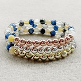 Link Bracelets MG2037 Design 6 MM Blue Kyanite Prehnite Black Rutile Quartz Yellow Crystal Bracelet Womens Cooper Beads Yoga Wrist Mala