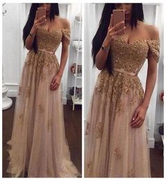 Champagne Lace Appliques Beaded Arabic Evening Dresses Aline Tulle Prom Dresses Long Vintage Formal Party Gown vestidos de fiesta1377782