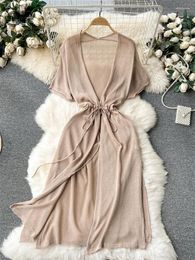 Party Dresses SINGREINY Casual Vacation Knit Long Dress Women Elegant Solid Loose V Neck Elastic Waist Ladies Beach Thin Cardigan