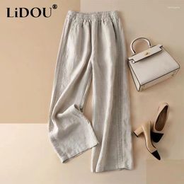 Women's Pants Summer Cotton Wide Leg Trousers 2024 Women Elastic High Waist Solid Color Pocket Vintage National Style Straight