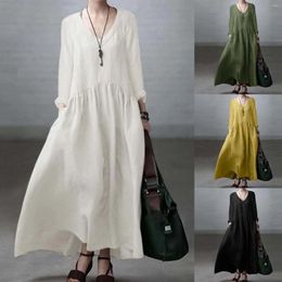 Casual Dresses Elegant Women Summer Maxi Dress Long Sleeve V Neck Fashion Solid Colour Cotton Linen For 2024 Vestidos