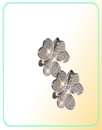 Brand Pure 925 Sterling Silver Earrings 3 Leaf Clover Flower Full Diamond Stud White Gold 9252166799