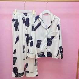 Home Clothing 2024 Spring Autumn Women's Cartoon Print Silk Pajamas Leisure Long Sleeve Trousers Set Ladies' Clothes Sleepwear Nightwear