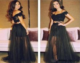 Cheap Black Two Pieces Prom Dresses Off Shoulder Lace Applique Tulle Evening Party Gown Formal Celebrity A Line Bride Dress5638710