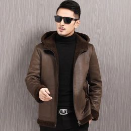Real Fur Coat Men Hooded Autumn Winter Leather Jacket Man Natural Sheep Shearing Wool Jacket OutwearTwo Side Wear