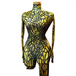 Stage Wear Gold Silver Women Sequins Mirror Jumpsuits Night Club Dance Costume Pole Stretch Body Suits Carnival Cheerleading