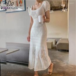 Party Dresses 2024 Summer Fashion White/Black Hollow Out Knitted Mermaid Dress Women Square Collar Puff Sleeve Slim Sweater Midi Vestido