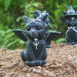 Halloween Decorative Figurine Garden Witch Cat Sculpture Gothic Kitten Statue Black Magic Cat Owl Ornament Wizard Cute Miniature
