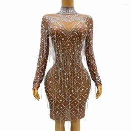 Stage Wear Sexy Silver Crystals Fringes Rhinestones Brown Transparent Dress Birthday Celebrate See Through Singer Poshoot Costume