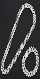 Chains 15mm Miami Prong Cuban Chain Link Silver Color Necklaces 2 Row Full Iced Out Rhinestones Bracelet Set For Mens Hip Hop5674347