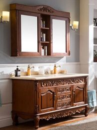 Decorative Plates Solid Wood Bathroom Cabinet Red Oak Washstand Double Basin Mirror Washbasin