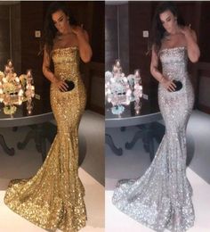 Sexy Strapless Silver Gold Mermaid Prom Dresses 2022 New Arrival Sparkly Sequin Long Formal Evening Gowns Vintage Party Wear4809884