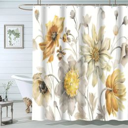 Colourful Floral Shower Curtain, Watercolour Plants Hummingbirds Butterflies Rustic Farmhouse Wildflowers Natural Bathroom Decor