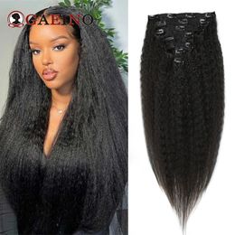 Kinky Straight Clip In Hair 7PcsSet 1B# Natural Black Real Human Hairpiece For Women 828Inch 240401