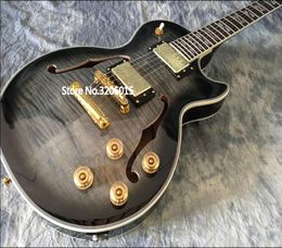 Vintage black Supre Electric Guitar Tiger Flame Maple Top Back Split Block MOP Inlay Globe Headstock Inlay semi hollow body7139700