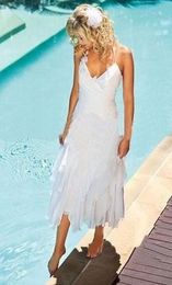 Short Bohemian Beach Wedding Gowns Halter Neck Tea Length Under 100 Summer Boho Style White Chiffon Bridal Gowns2423034