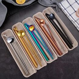 Drinking Straws Reusable 304 Stainless Steel Straw Set Straight Bent Cleaning Brush Spoon 7pcs/set With Mini Box SN2393