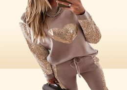 Designer Women tracksuits khaki love sequins casual sport suit round neck long sleeve hoodies topspants two piece set outfits plu8032132