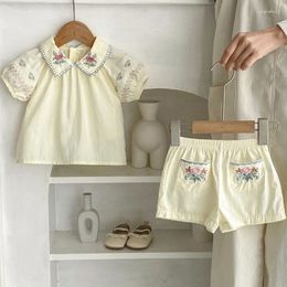 Clothing Sets 2024 Summer Baby Girl Clothes Set 0-3Years Born Kids Short Sleeve Turn Down Collar Embroidery Shirt Tops Pant 2PCS Suit