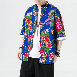 Men's Casual Shirts Summer Printing Loose Leisure Top Traditional Chinese Style Mens Vintage Half Sleeve Linen Madarin Collar Kungfu Shirt