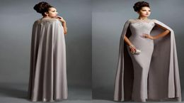 2020 New Cheap Long Mermaid Evening Dresses With Cape Illusion Neck Lace Mother of the Bride Dresses Long Formal Party Prom Gowns 3810145