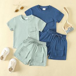 Clothing Sets 2024-02-02 Lioraitiin Toddler Baby Boys Outfits Solid Color Pocket Short Sleeve T-Shirts Tops Elastic Waist Shorts Clothes Set