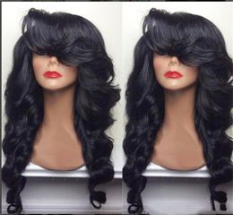 Natural Hairline 180 Density Black Long Body Wave Hair Heat Resistant Fiber Glueless Synthetic Lace Front Wigs with Side Bangs fo6018155