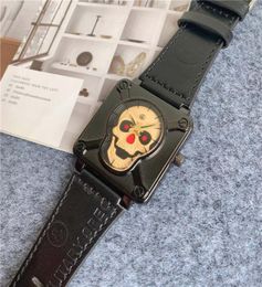 Fashion Brand Watches Men skull Skeleton square style Dial Leather strap Wrist watch BR069555911