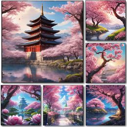 Japanese Landscape Poster Prints For Living Room Home Decor Blooming Cherry Blossoms Fuji Mountain Canvas Painting Wall Art