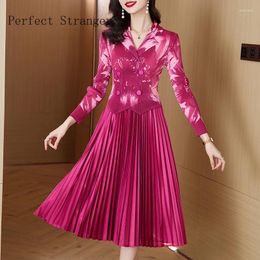 Casual Dresses Sanzhai Pleated 2024 Silk British Style Printed Women Dress Suit Collar Loose Large Elastic Slim Fit Knee Length