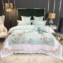 Bedding Sets 600TC Satin Like Silk Cotton Luxury Chinese Style Flowers Embroidery Set Duvet Cover Bed Linen Fitted Sheet Pillowcases