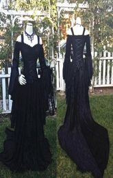 Gothic Style Sleeping Beauty Black Wedding Dresses Off Shoulder Long Puffy Sleeves Lace Corset Bodice Wedding Bridal Gowns Custom 9146500