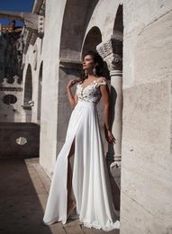 High side split chiffon long sweep spring wedding dresses sheer capped sleeves applique buttons see through back bridal gowns9167487