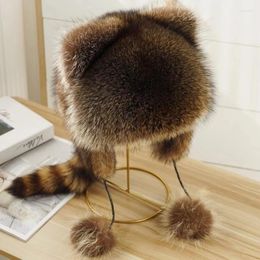 Berets Winter Mongolian Hat For Adult Thick Plush Parent-Kids With Raccoon Tail