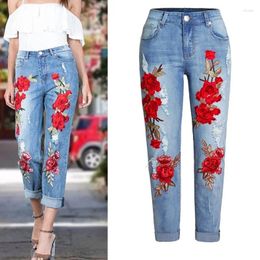 Women's Jeans Mom Embroidered Denim Pants Trousers Boyfriend For Women Chinese Style Rose Ladies Female 2024 DD1530