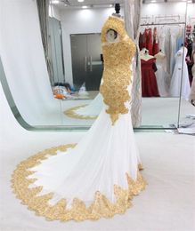 Sexy Long Evening Prom Dress Mermaid Beading Crystal Gold Embroidery White Reals Evening Dress Gowns for Women Prom6518612