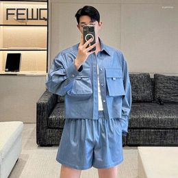 Men's Tracksuits FEWQ 2024 Summer Pocket Shirt Shorts Set Two-piece Suit Three Dimensional Lapel Long Sleeve Top Elastic Wasit 9C5463