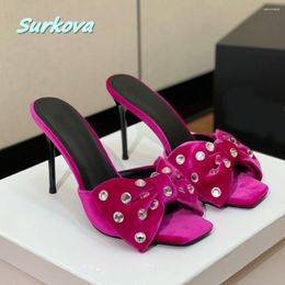 Slippers Rose Red Rhinestone Stiletto Summer Test Round Toe Thin High Heel Sexy Women Shoes Fashion Comfortable Outside Lady