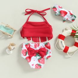 Toddler Girls 3 Piece Swimsuits Solid Colour Tassel Tops Strawberry/Flower Print Shorts Headband Split Bathing Suit Swimwear Set