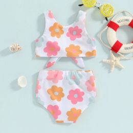 Toddler Baby Girls Summer Swimsuit Floral Print Knot Front Tankini Tops Swim Shorts Swimwear 2 Pieces Bathing Suit Beach Bikini
